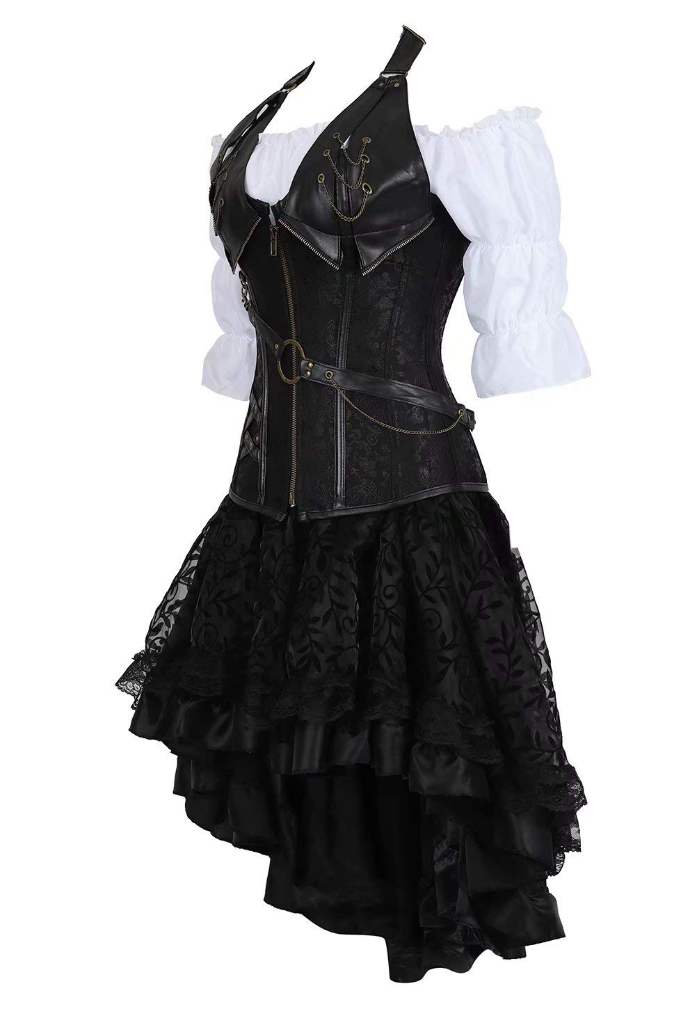 jutrisujo Korsett Damen Steampunk Corsagenkleid Corsage Kostüm mit asymmetrischer Spitzenrock und Bluse für Karneval Fasching Halloween