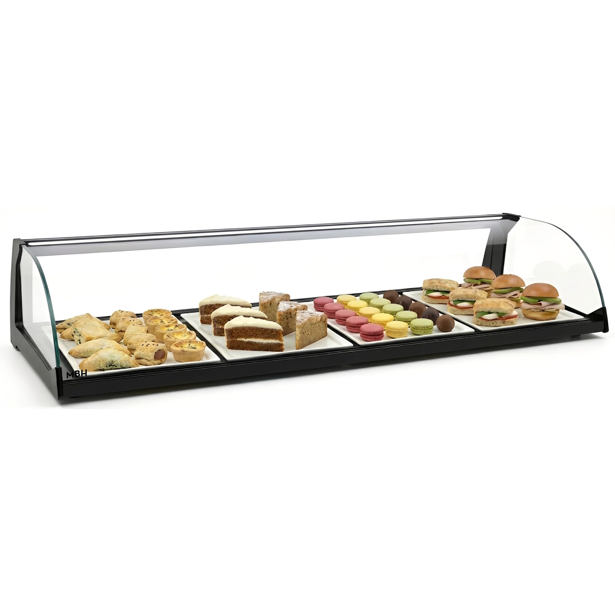 MBH - Neutrale Aufsatzvitrine 84 cm, gebogenes ESG-Sicherheitsglas, 1 Etage, mit LED-Beleuchtung, mit rückseitigen Schiebetüren, für Bar, Café, Restaurant, Gebäck und Konditorei.