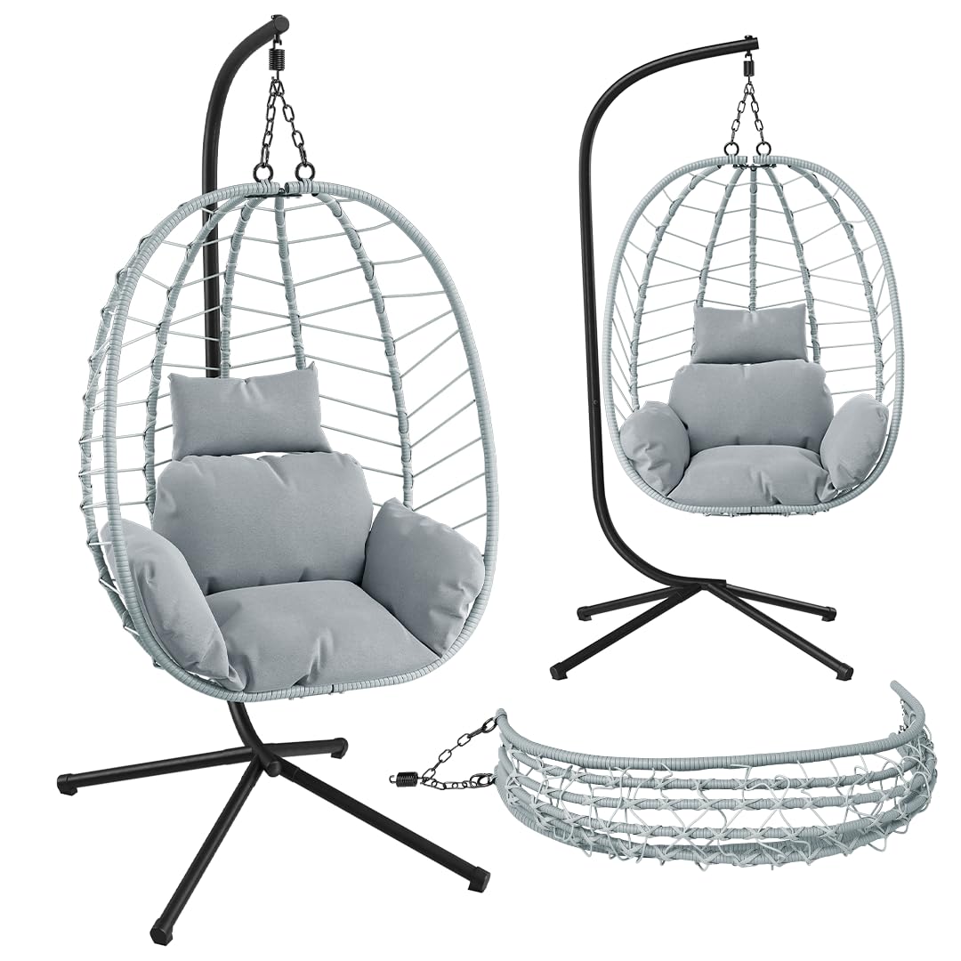 STEELSØN Alarian Hängesessel mit Gestell – Hängestuhl Rattan Outdoor & Indoor mit Kissen – Hängekorb Grau höhenverstellbar – Gartenschaukel für Erwachsene & Kinder – Hanging Chair faltbar bis 150kg