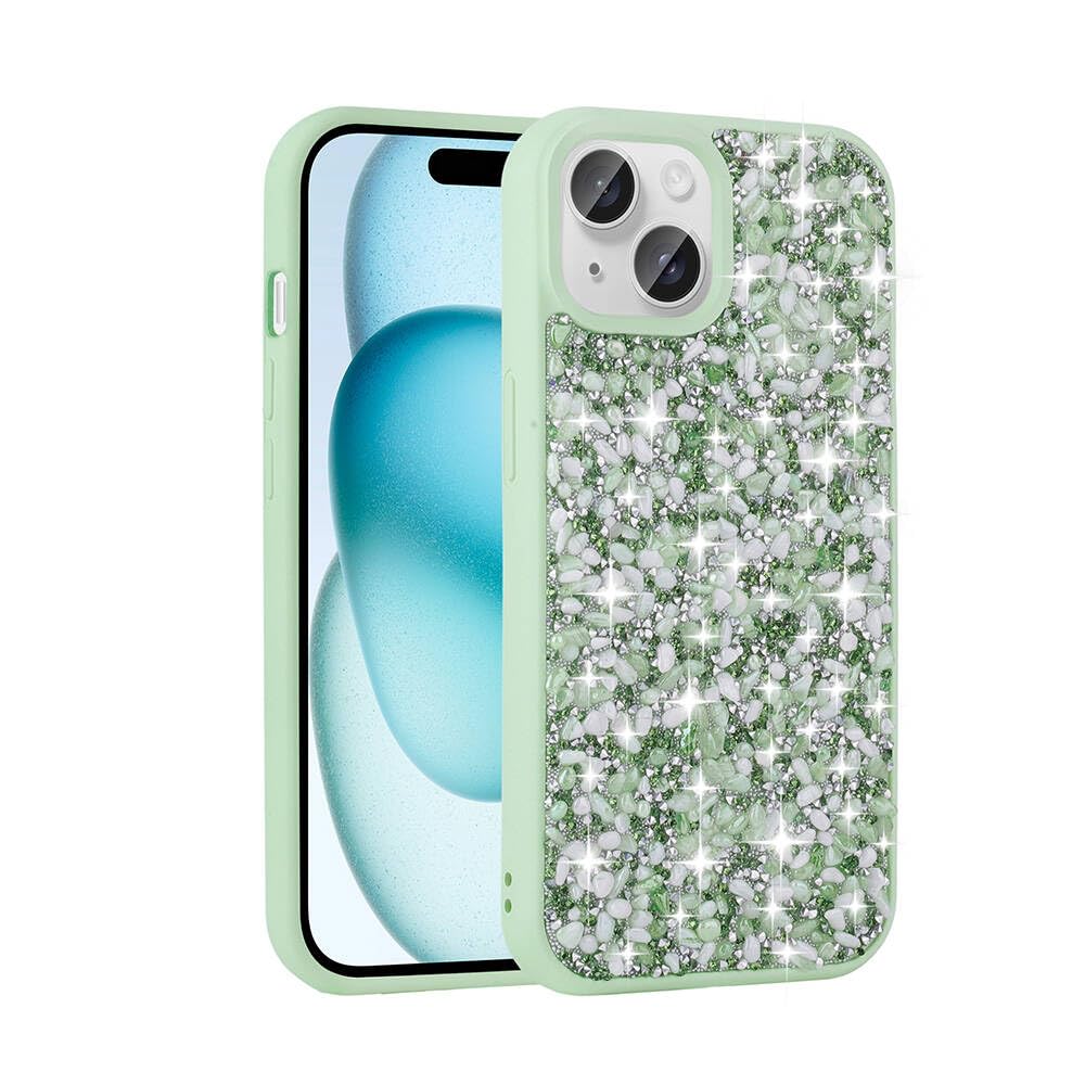 Zore Apple için uyumlu iPhone 15 Kılıf Parlak Taşlı Tasarım Zore Linea Kapak Açık Yeşil