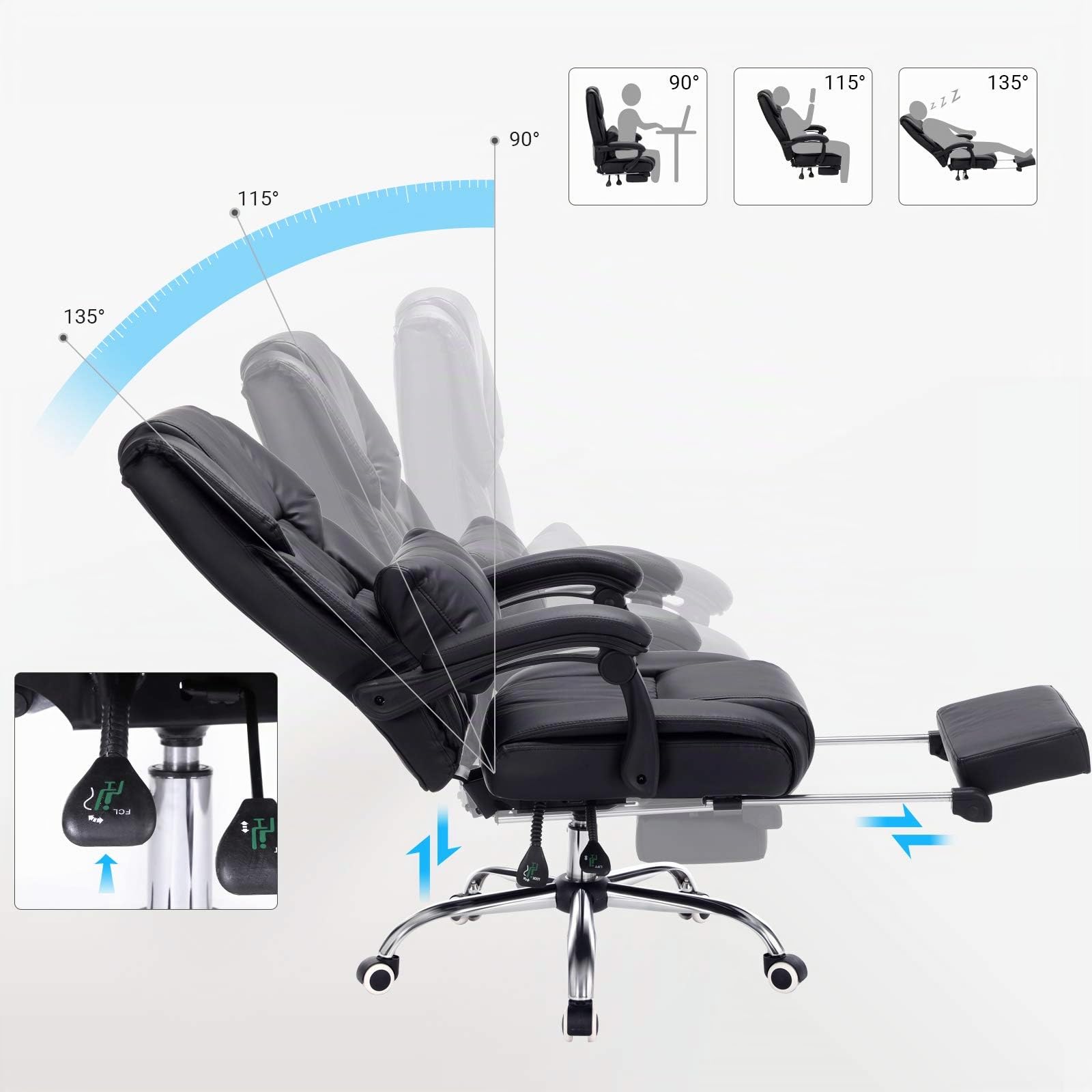 SONGMICS Fauteuil de bureau Chaise pour ordinateur avec repose-pied pliable dossier réglable PU OBG71B