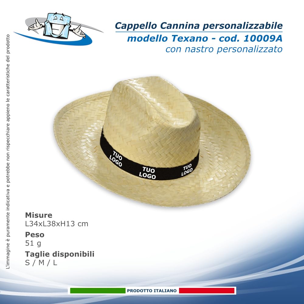 300 Cappelli personalizzati in Cannina 100 % Paglia Naturale disponibili 11 Modelli: Alpino, Cowboy, Borsalino, Pastorella, Indiana J., Gondoliere, Texano, Bombetta, Cubano con nastro personalizzato