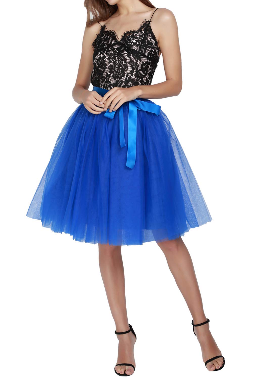 MaeauWomen Tutu Skirts 7 Layered Knee Length Tulle Skirt A-line Pleated Princess Skirts High Waist Mesh Skirt for Prom Party