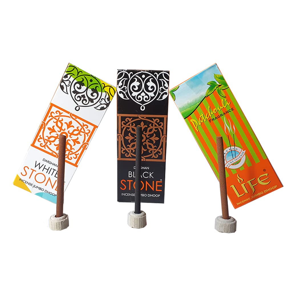 Darshan Incense - Assorted 3 in 1 Jumbo Dhoop Sticks Agarbatti Pack of 12 (Black Stone 4, Life 4, White Stone 4)
