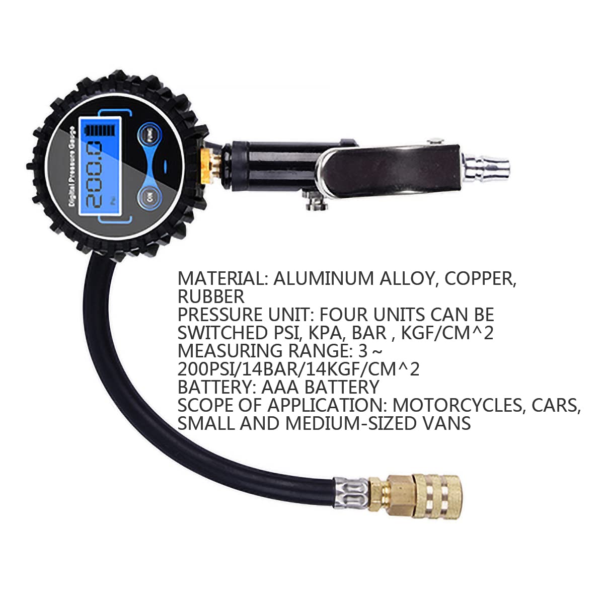 Medidor de presión de neumáticos 200PSI probador de presión de neumáticos Pantalla Digital medidor de Alta precisión Accesorios de compresor de Aire