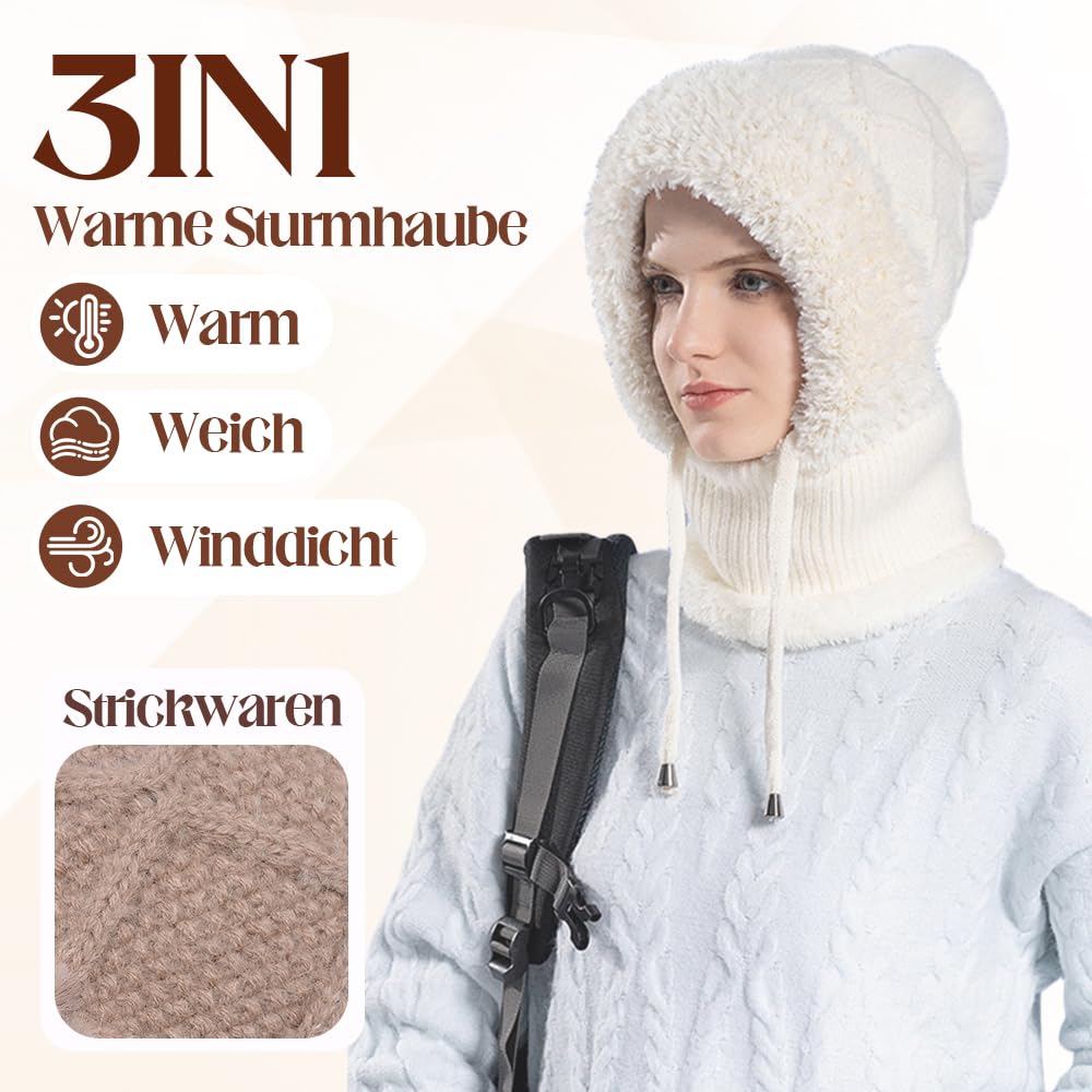 Toerjii Wintermütze Damen,Balaclava Damen,3 in 1 Beanie Mütze Warm Strickmütze & Halswärmer Sets,Multifunktional Verstellbar Gesichtsmaske für Täglich und im Freien