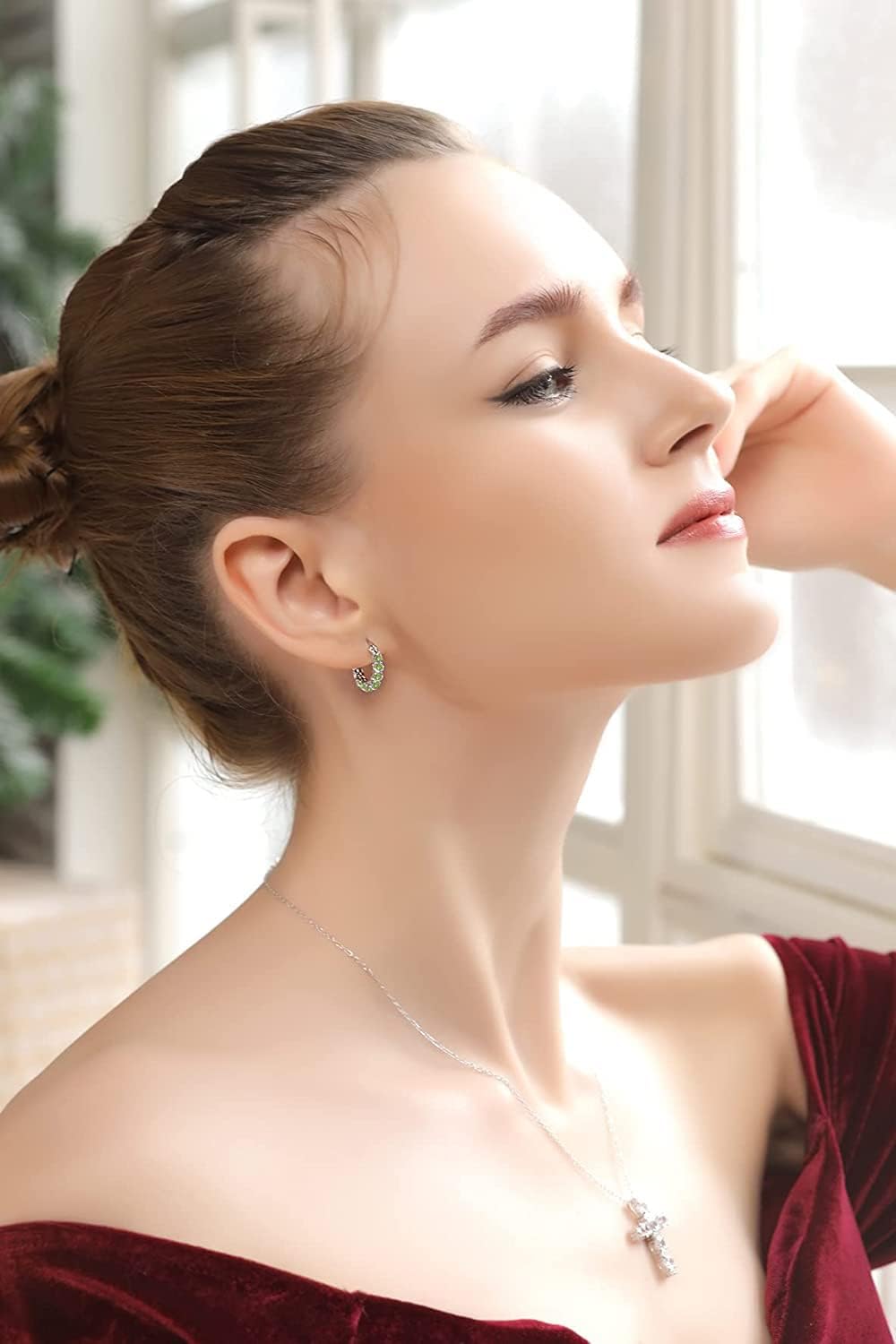 Sterling Silver Round Small Colored European Crystals Huggie Hoop Earrings for Women - Image 3