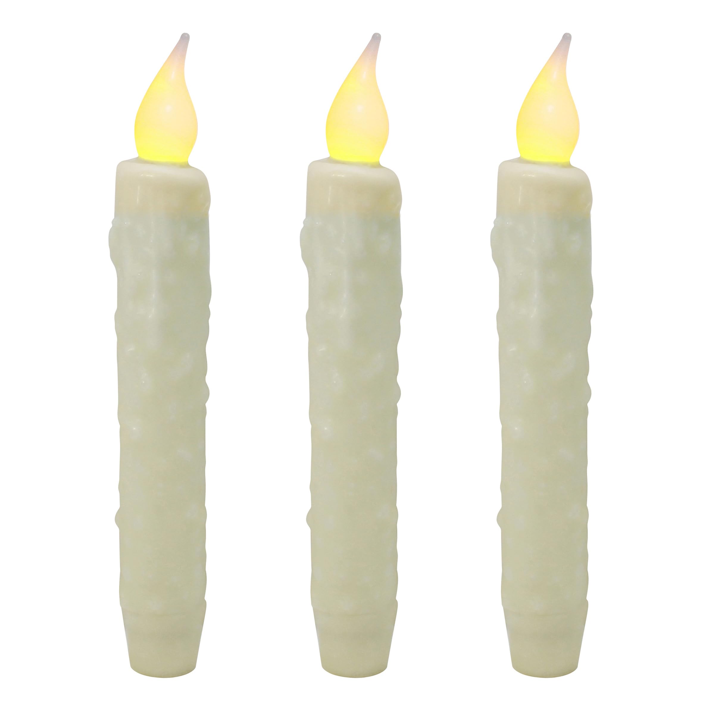 CVHOMEDECO. Real Wax Hand Dipped Battery Operated LED Timer Taper Candles Country Primitive Flameless Lights Décor, 6-3/4 Inch, Ivory, 3 PCS in a Package