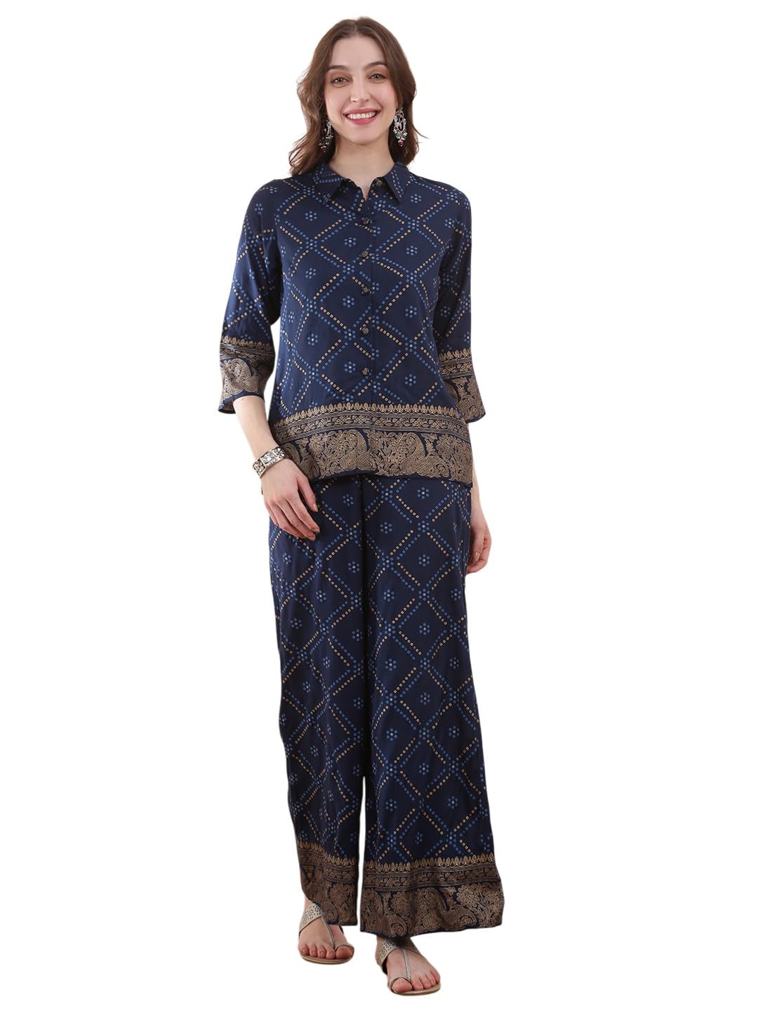 globus Women Collared Neck Gold Foil Bandhani Print Shirt with Palazzos Fusion Co-ord Set-picture-27