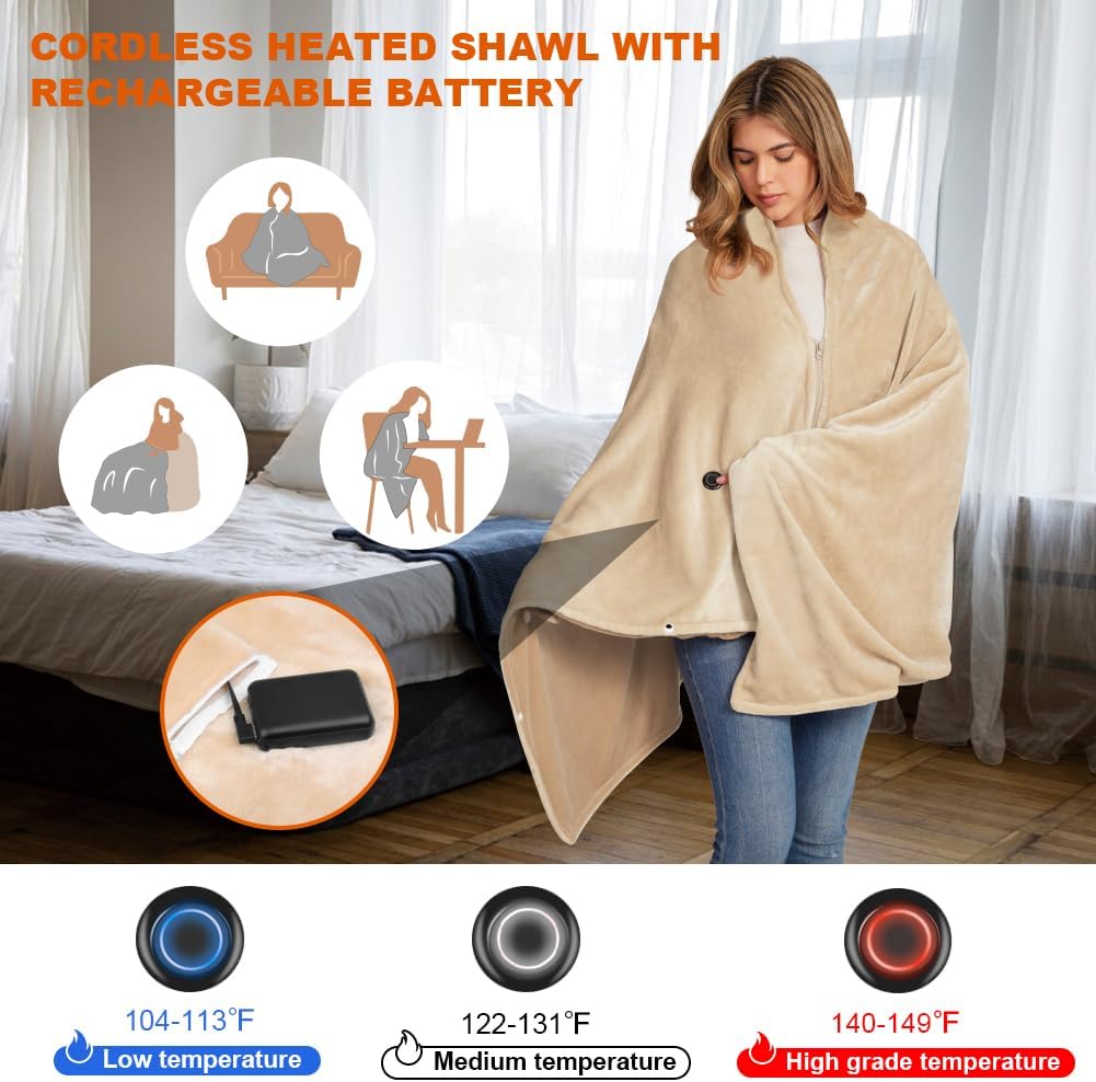 Heated Blanket Battery Operated 5V 10000mAh Battery 62" x 35" Portable Heated Shawl Wraps for Women Men Cordless Rechargeable Heated Blanket 3 Heating Settings 6 Heating Zones(Khaki)