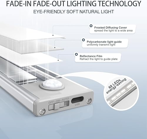 Vista 30 de Paquete de 6 luces inalámbricas para debajo del gabinete, 32 luces LED recargables con sensor de movimiento para interiores, luces magnéticas Luz
