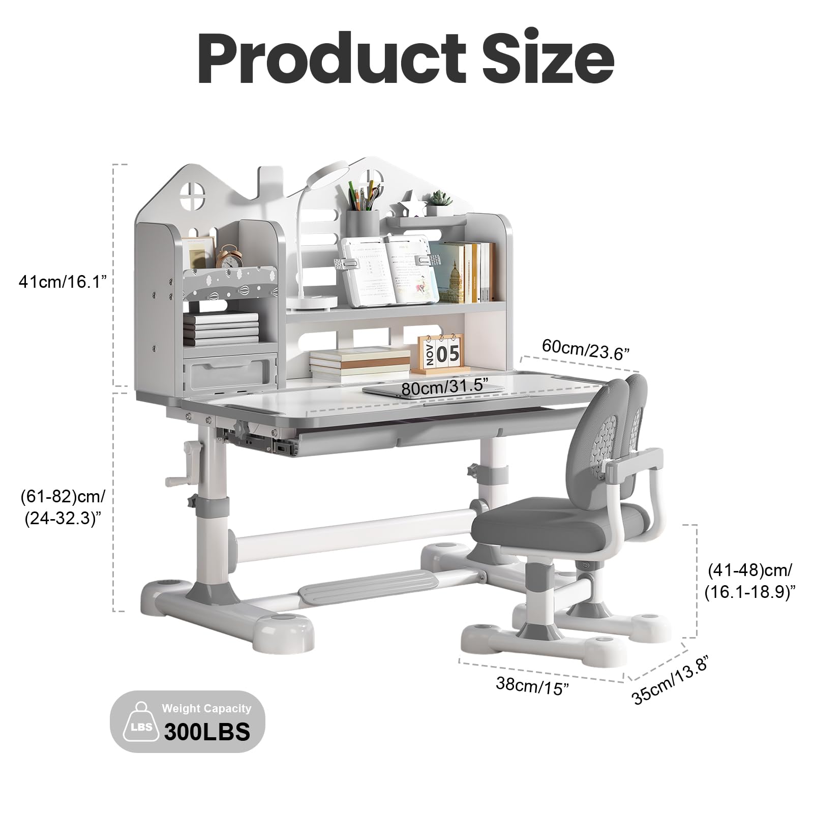 Kids Desk and Chair Set, Height Adjustable Study Desk for Kids Ages 3–12, Easy-Turn Crank Ergonomic Desk with 50° Tiltable Desktop, Storage Drawer & Bookshelf (015-Grey)