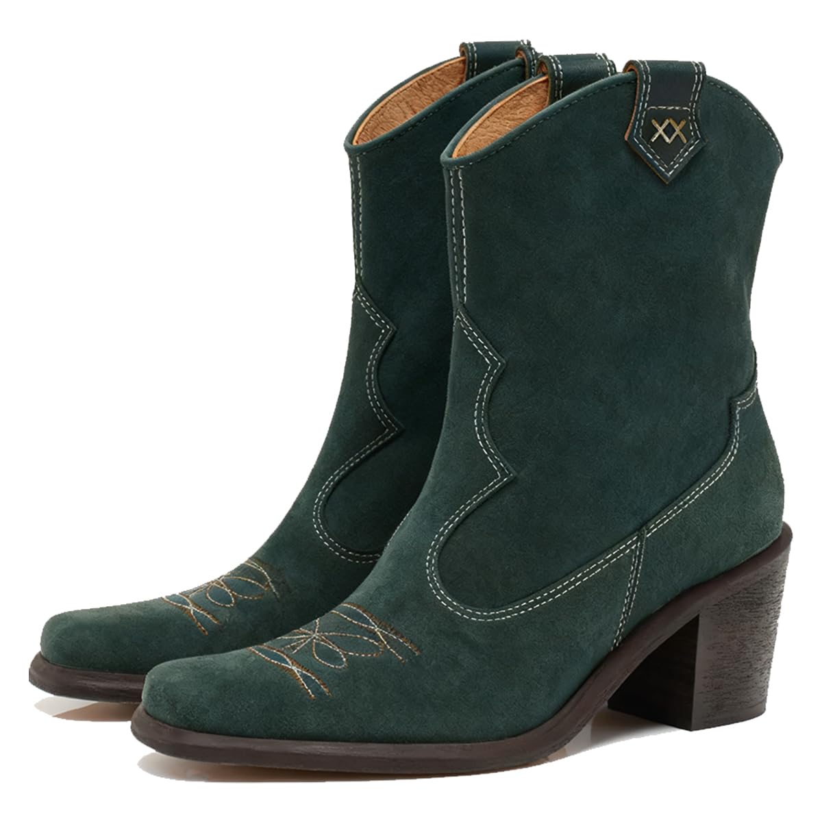 Vintage Embroidered Cowboy Ankle Boots Women Chunky Stacked Heel Western Booties Square Toe Suede Metallic Short Cowgirl Boots