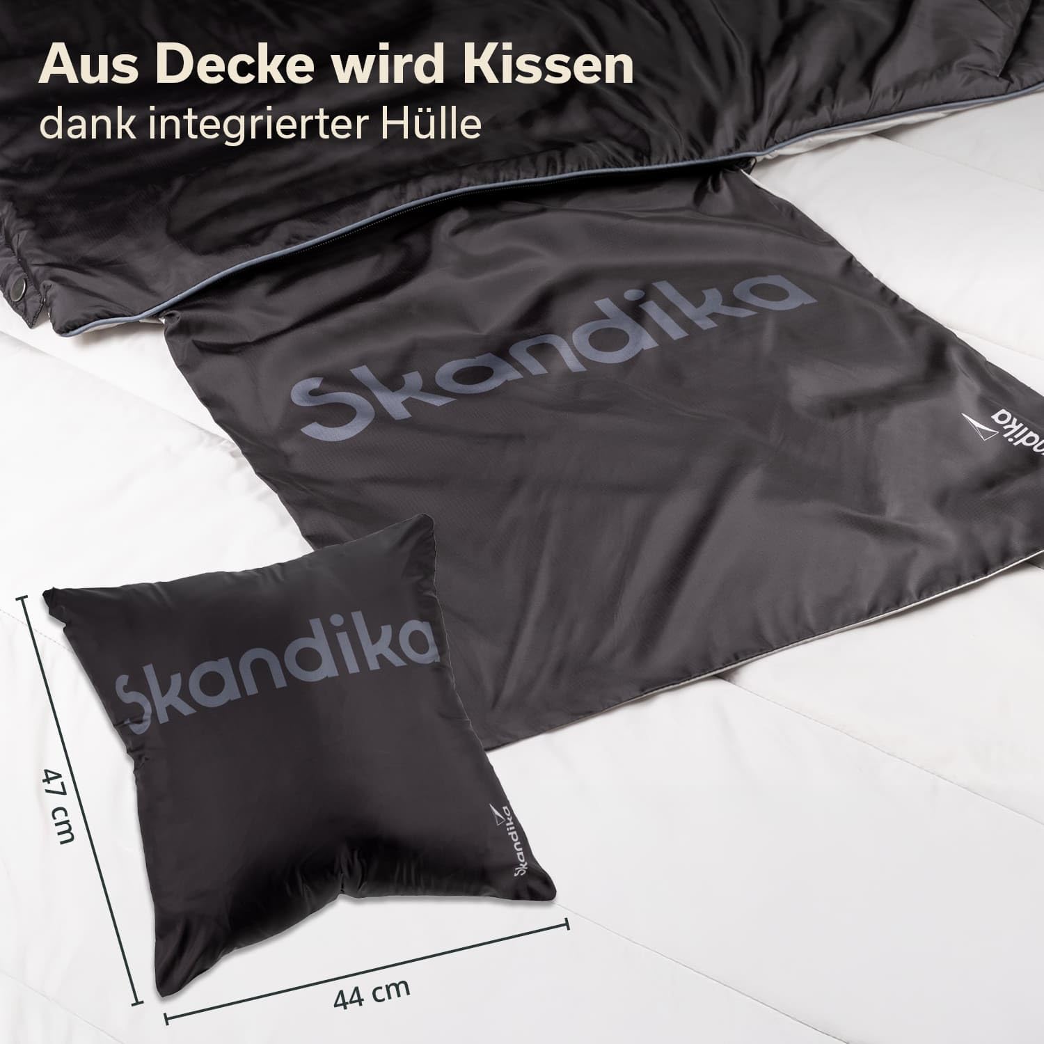 Skandika Koc kempingowy Liva | koc outdoorowy 4 w 1, 200 x 135 cm, narzuta, śpiwór, poduszka, z pluszowym futerkiem lub nylonowym spodem, watowanie z poliestru, wodoszczelny (czarny, nylon)