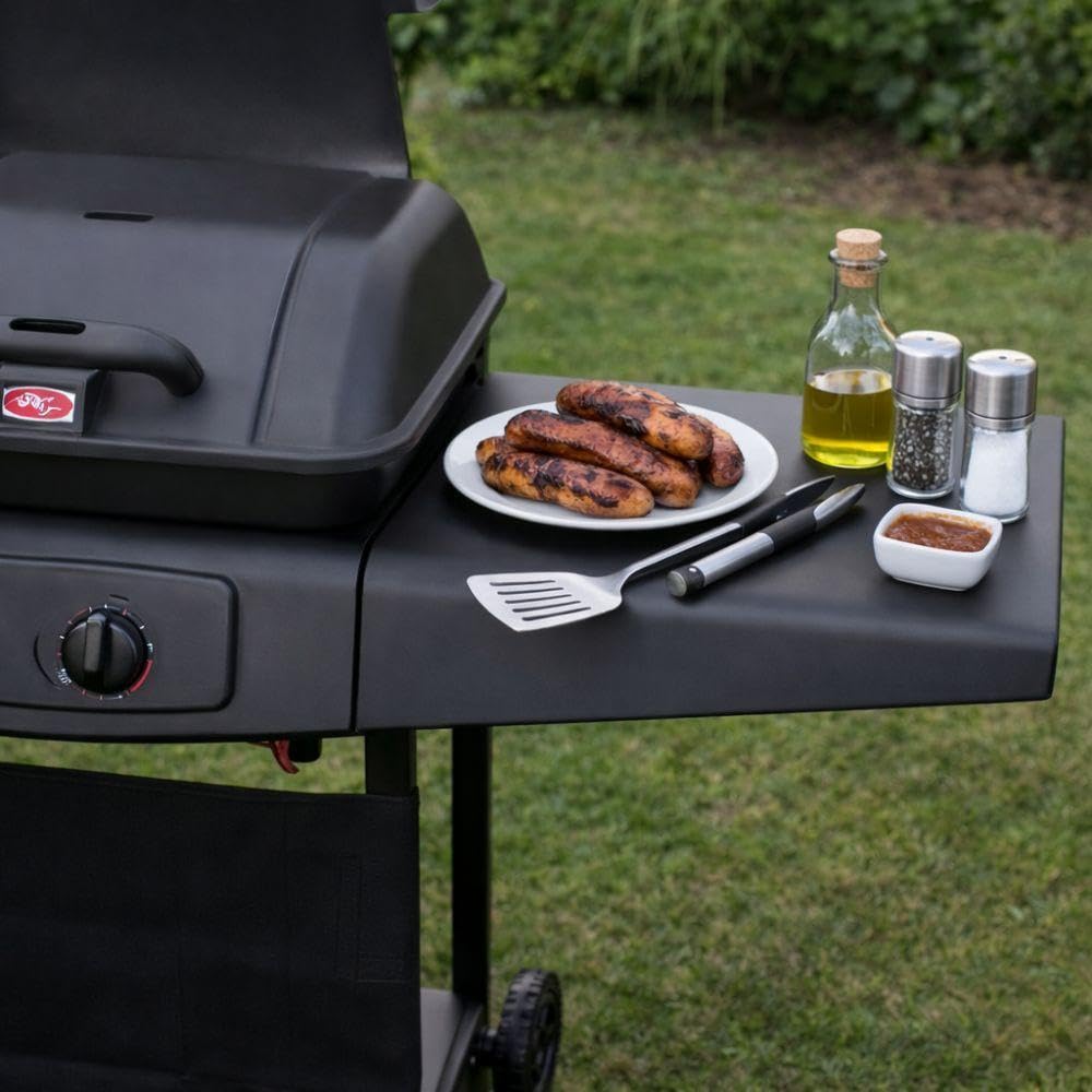 BAKAJI Barbecue a Gas 2 Fuochi Bruciatori Griglia BBQ Doppio Bruciatore con 2 Ripiani Laterali e Ruote, Grill per Esterno ideale per Giardino Terrazzo Balcone, Dimensioni 98 x 44 x 100 cm
