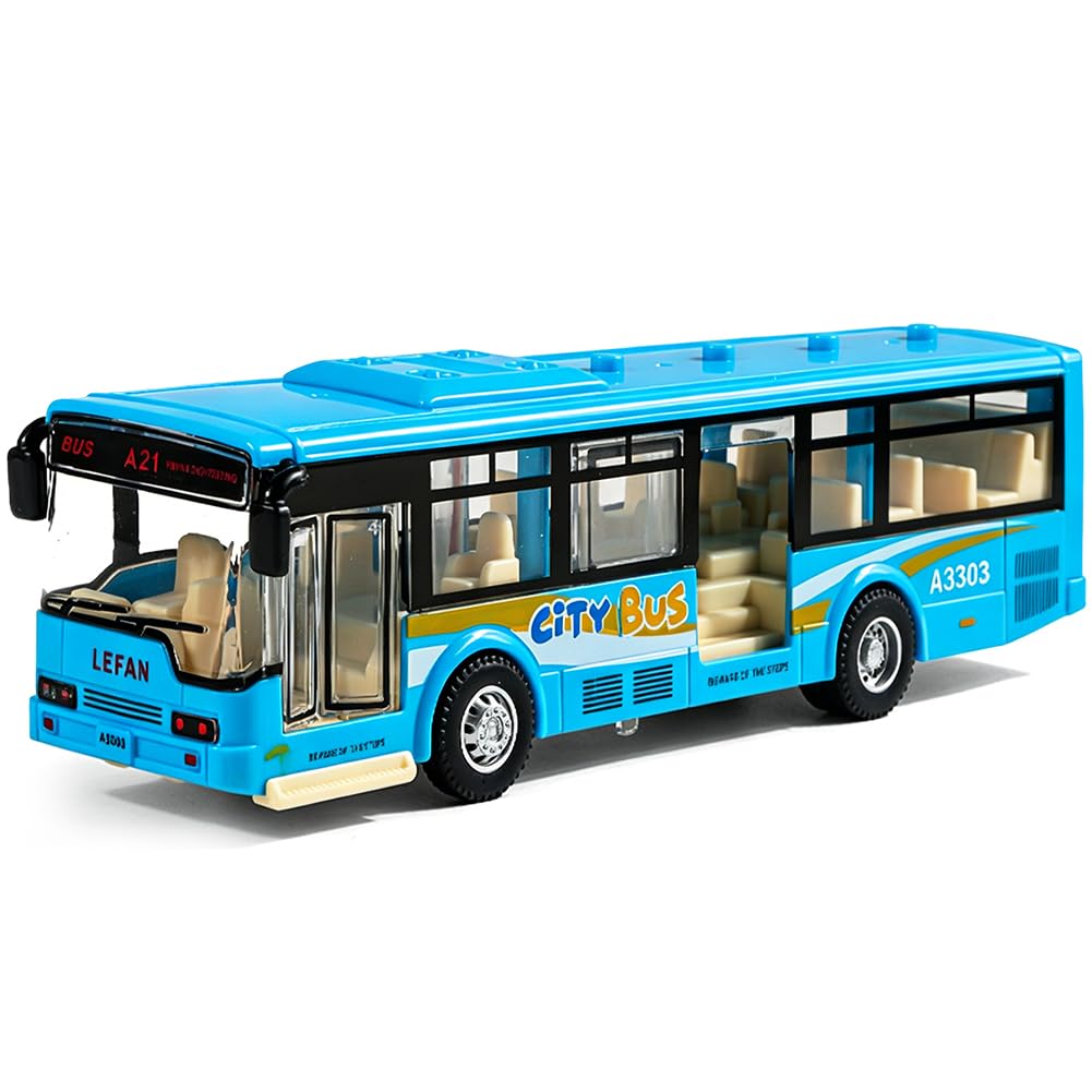 Spiritzohic Bus Car, Bus Model Car Play Vehicles Pull Back Vehicle Alloy Diecast Vehicles Mould Pull-Back Buss Play Vehicle with Lights and Sounds City Cars Model Gift for Birthday Carnival(Blue)