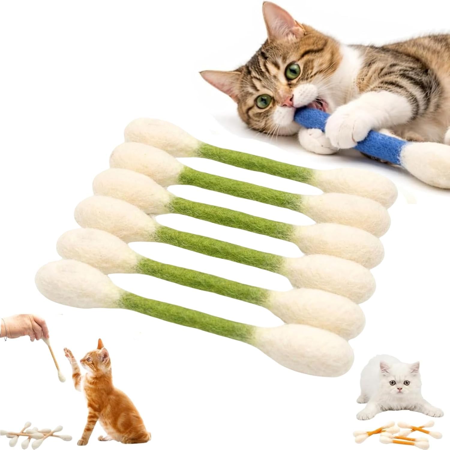 SANJSJHXJ Giant Cotton Bud Cat Toy & Cotton Swabs 6 Pack, Interactive Kitten Dental Chew Catnip Toys for Boredom,Green