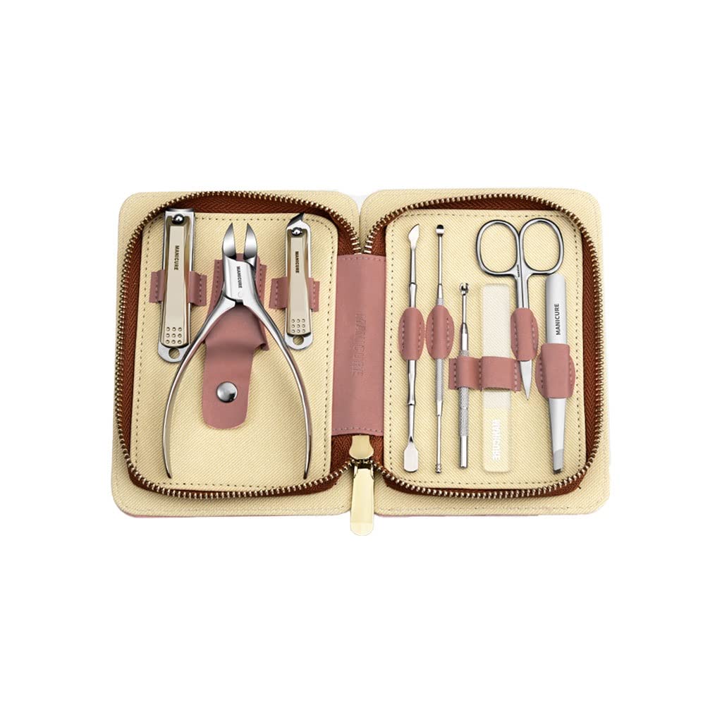 Juego de cuidado de uñas de acero inoxidable: kit de pedicura portátil con estuche de cuero con cremallera for aseo personal(A 9 Piece Set)