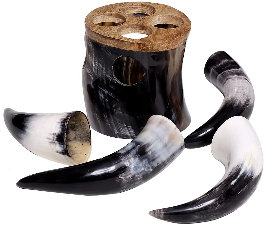 Design Trinkhorn Becher echtes Kuhhorn poliert mit Griff Wikinger Becher Trink-Gefäß aus Horn Bierkrug Mittelalter Unikat Horntasse Met (200 ml, 4er-Set Hornständer)