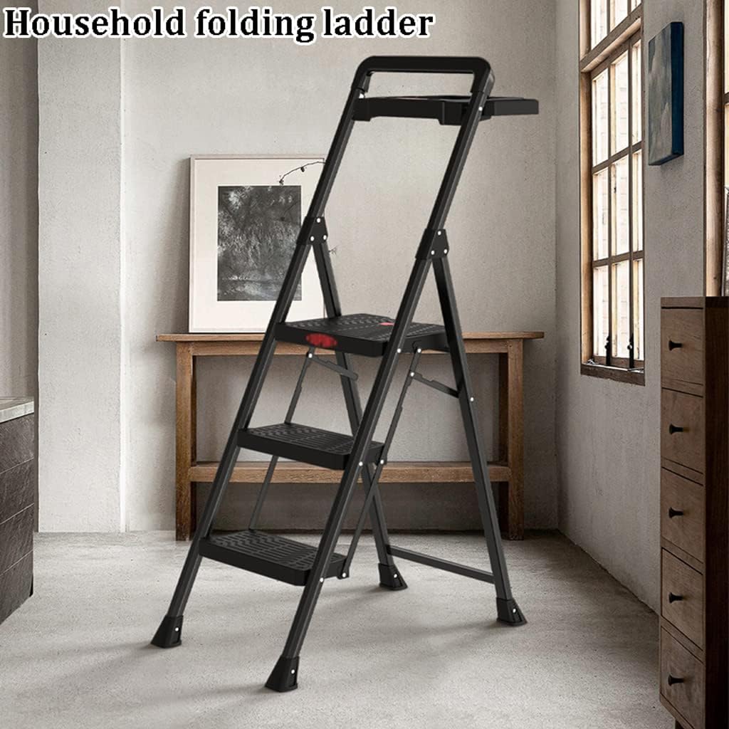 Ladder 3 Step Ladder Folding Step Stool with Tool Platform Portable Black Steel Ladder with Handrails Multi-Use Telescoping Ladder