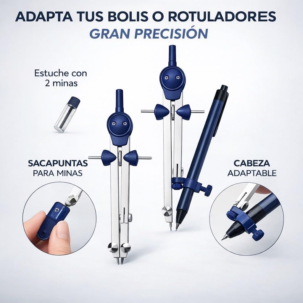 Compas Dibujo Tecnico Profesional - Compás Escolar de Precision con Rueda de Ajuste Bachillerato y Secundaria - Compasso Escolar Dibujo Tecnico de Metal - Compas Grande Dibujo Técnico y Plastica Azul