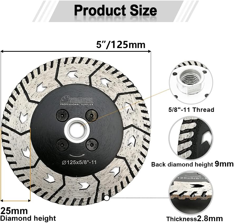 SHDIATOOL 5 Inch Granite Turbo Cutting Blades Two-in-One Design Cut Grind Sharpen Marble Concrete and Bricks(2-Pack)
