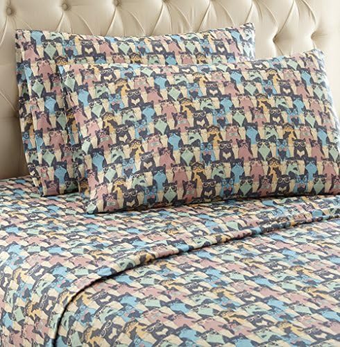 Thermee Micro Flannel Twin-Size Sheet Set, Machine Wash & Dry, No Pilling, Deep Pocket with Pillowcase(s), Cat Party
