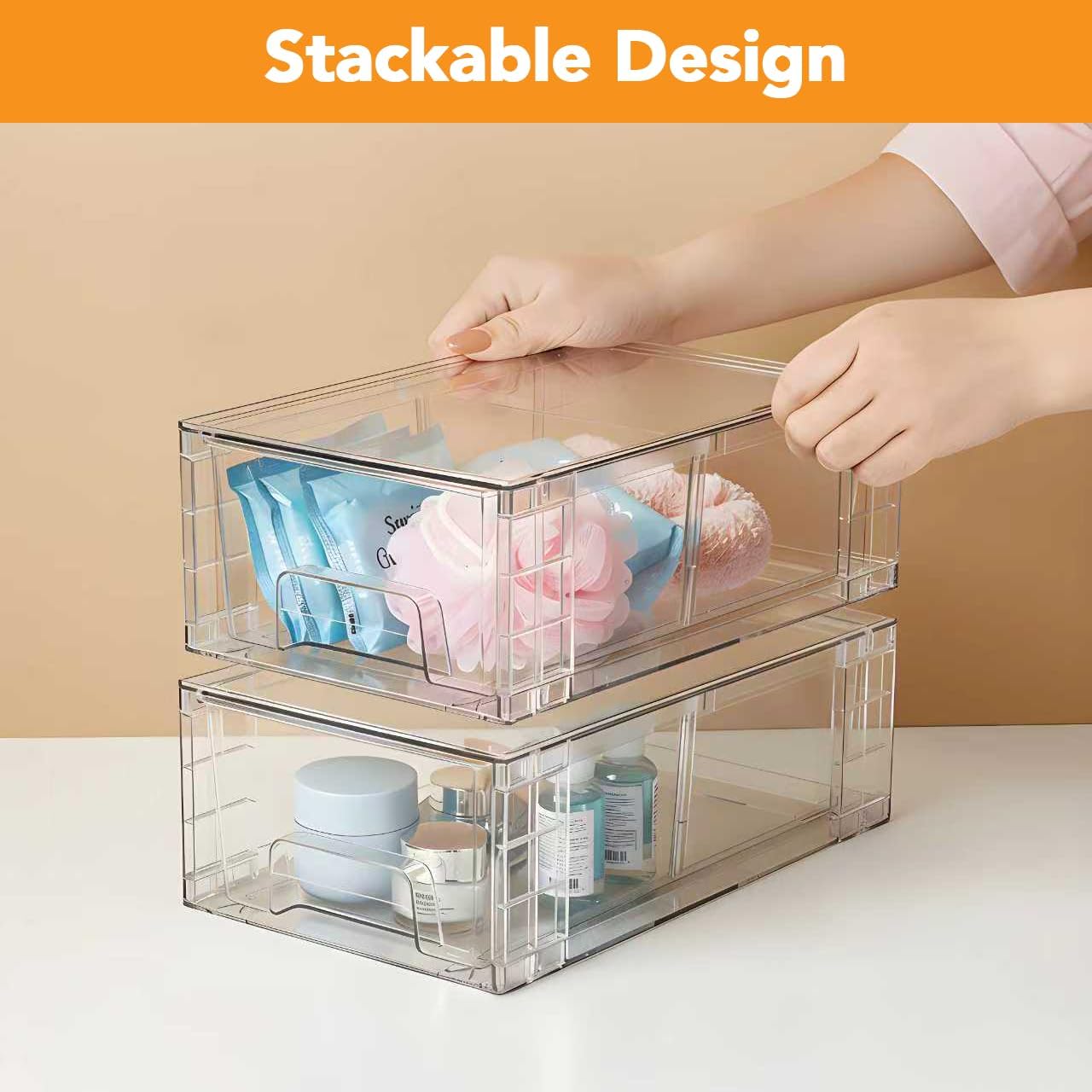 4 Pack Stackable Storage Drawers, Bathroom & Undersink Organizer with Removable Dividers - Acrylic Drawer Organizers with Handles for Fridge, Kitchen Cabinet, Pantry Storage