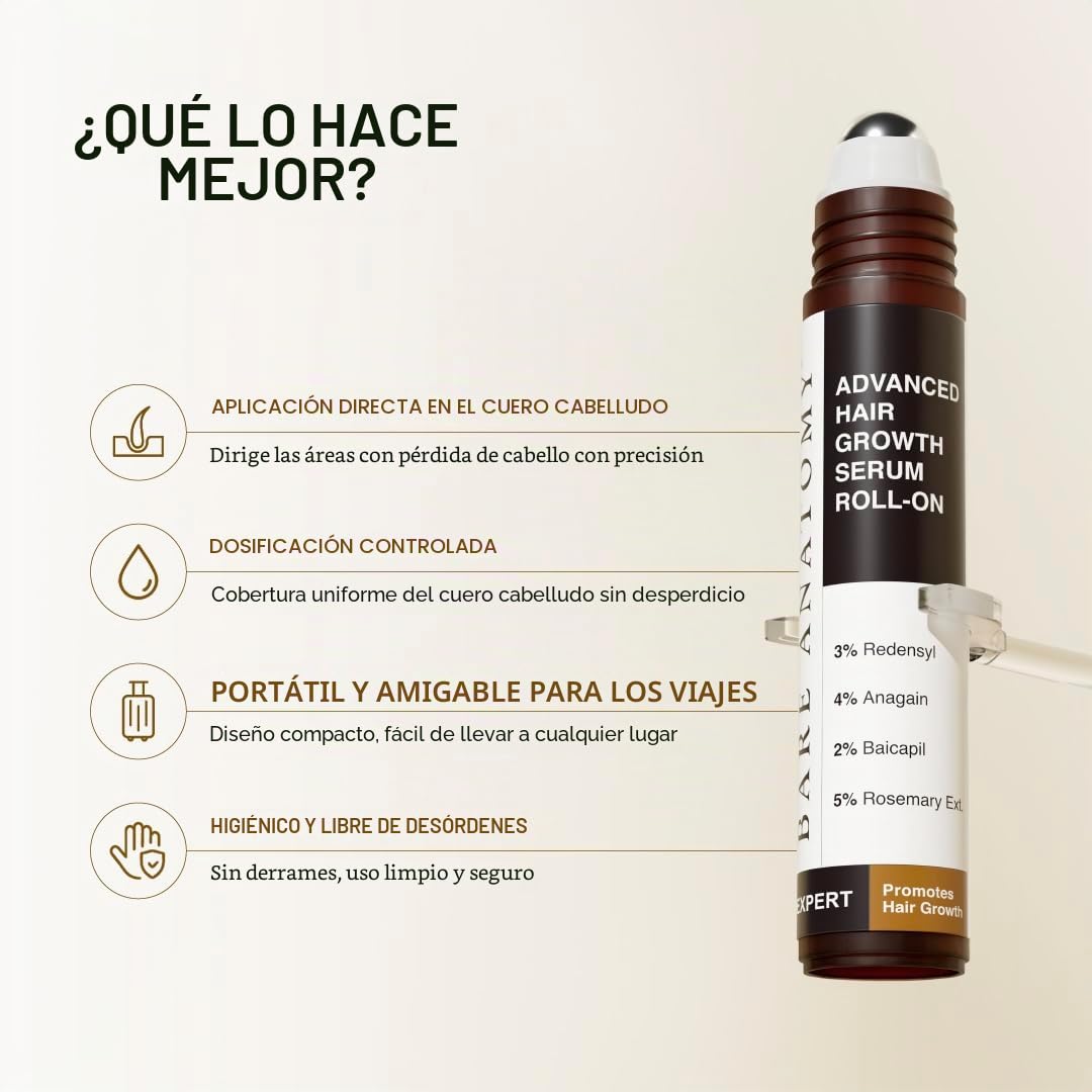 Bare Anatomy Advanced suero para el crecimiento del cabello Roll-On | 3% redensyl + 4% anagain + 2% Baicapil + 5% romero, agua de arroz, biotina y palma enana americana | 25 ml