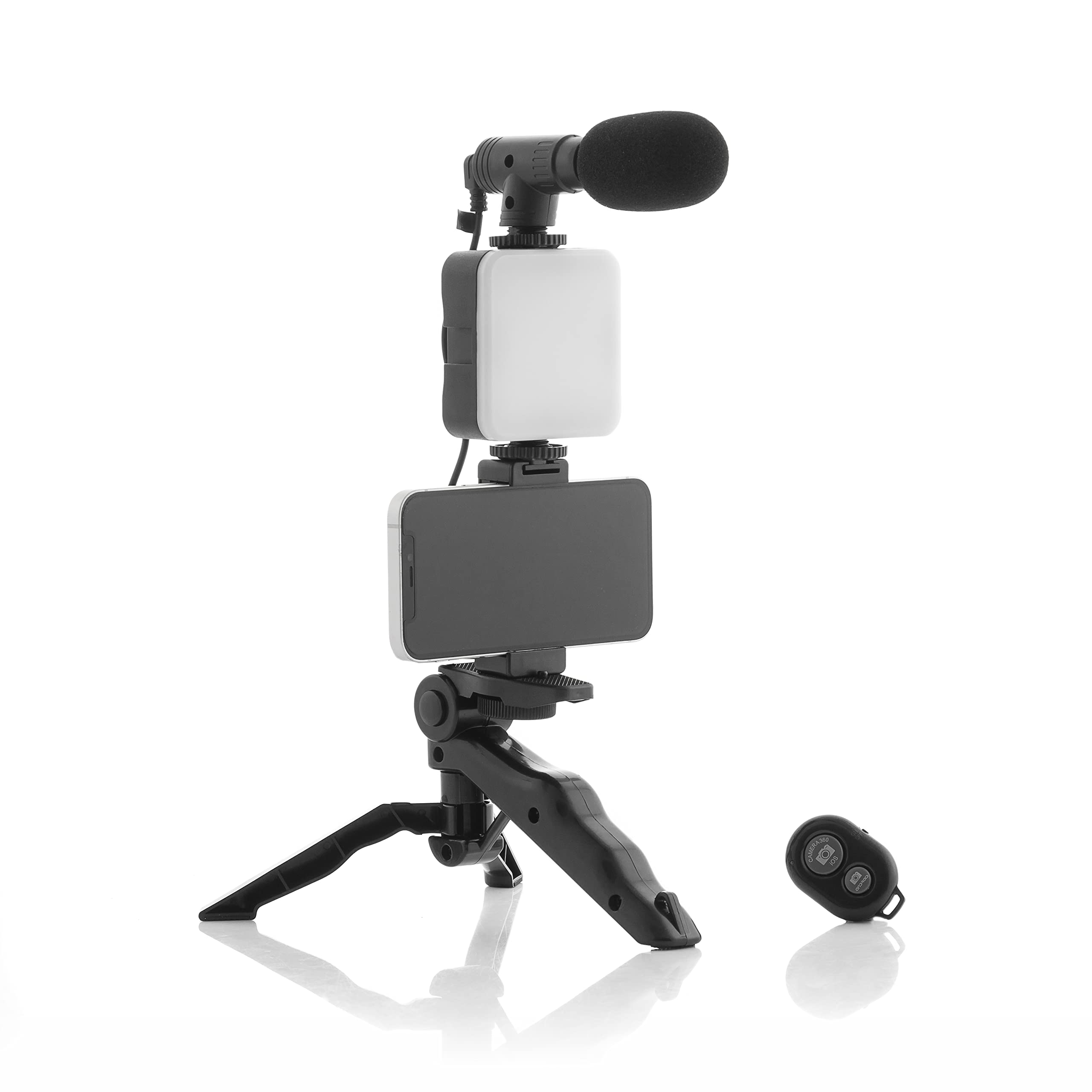 InnovaGoods® Kit de vlogging (6 piezas), tripode para movil graba vídeos de forma profesional, con aro de luz LED, micrófono y mando, ideal para vloggers, YouTubers y creadores de contenido.