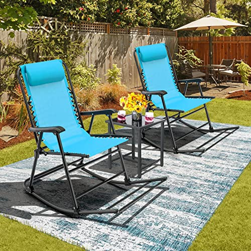 Tangkula 2 Pieces Outdoor Folding Rocking Chair, No Assembly Required, Foldable Rocker Recliner With Headrest, Portable Lounge Chair For Camping, Patio, Lawn, Garden, Yard Or Balcony Turquoise #TOP1