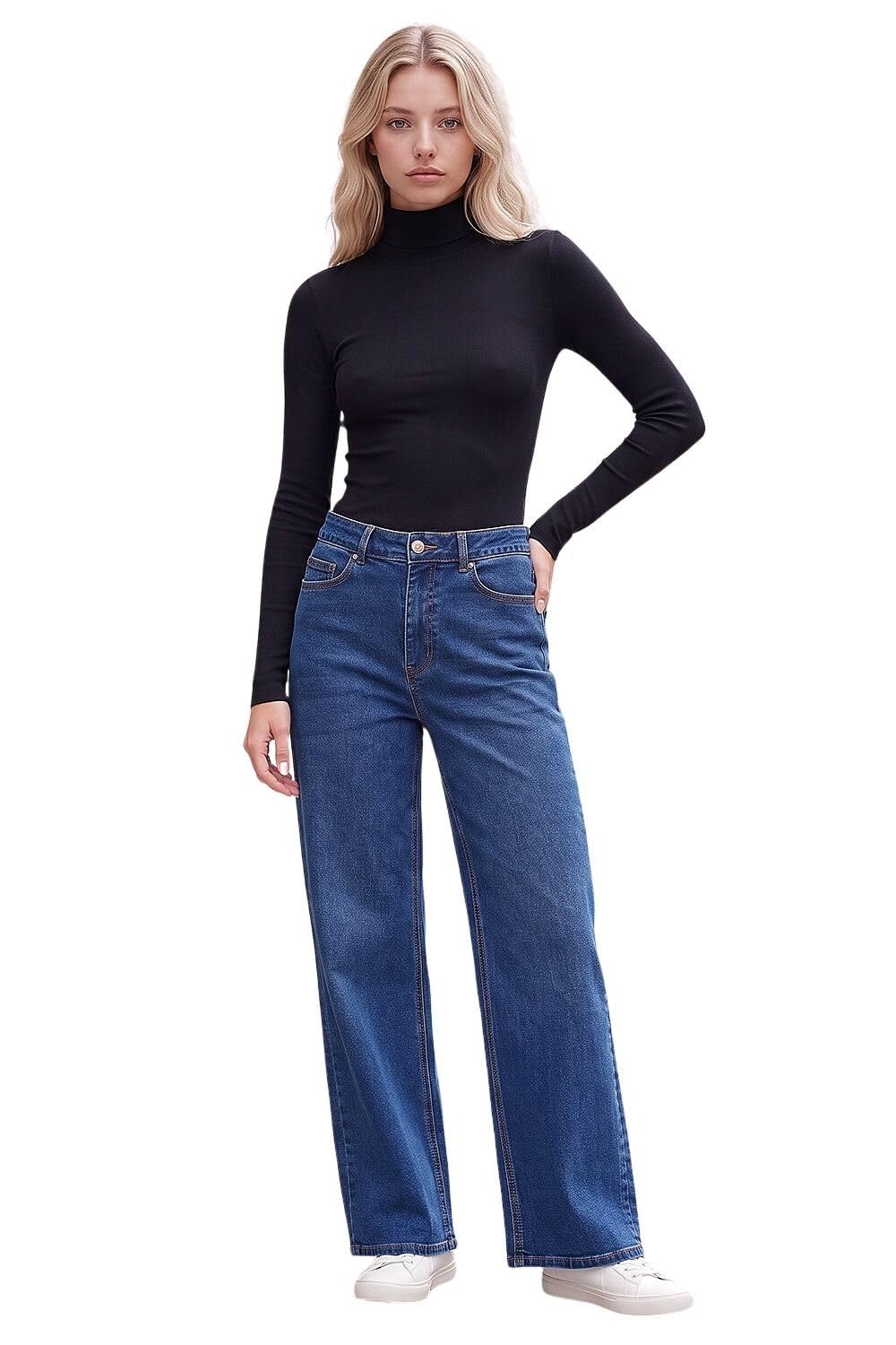 Roman Originals Women's Petite Cobalt Wide Leg Jeans For Uk Denim Trousers Palazzo Pants Jeggings Stretchy Cotton Summer Winter Smart Office Work Party Flattering Bottoms - Size 16