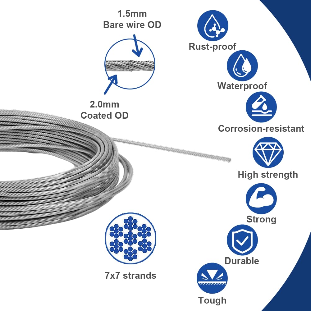 30M Drut Ogrodowy do Roślin Pnących, 2 mm Linka ze Stali Nierdzewnej w Powłoce PVC ze śrubą Rzymską M5, Zestaw Lin Stalowych do Roślin Pnących, Napinacze do Ogrodzeń, Zawieszenie Lamp Ogrodowych
