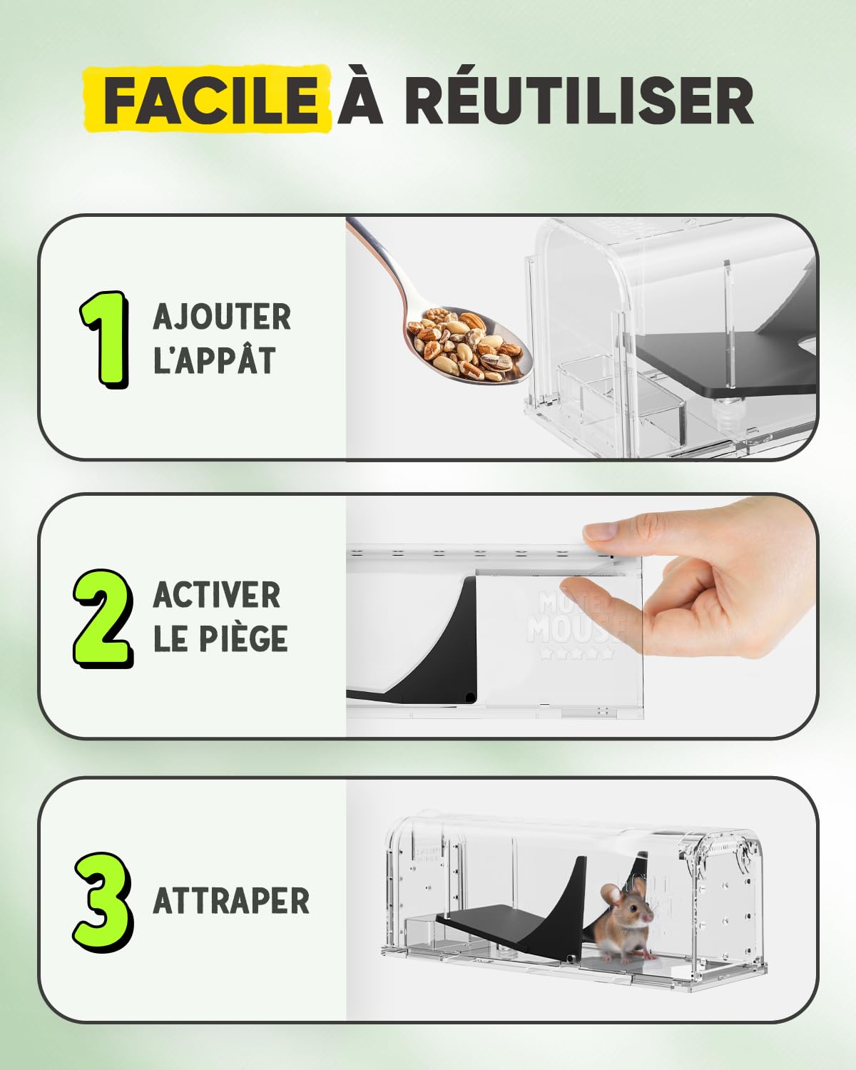 Motel Mouse Piège a Souris Vivante pour Intérieur & Extérieur - Facile à Utiliser, Facile à Nettoyer, Réutilisable, Libération sans Contact