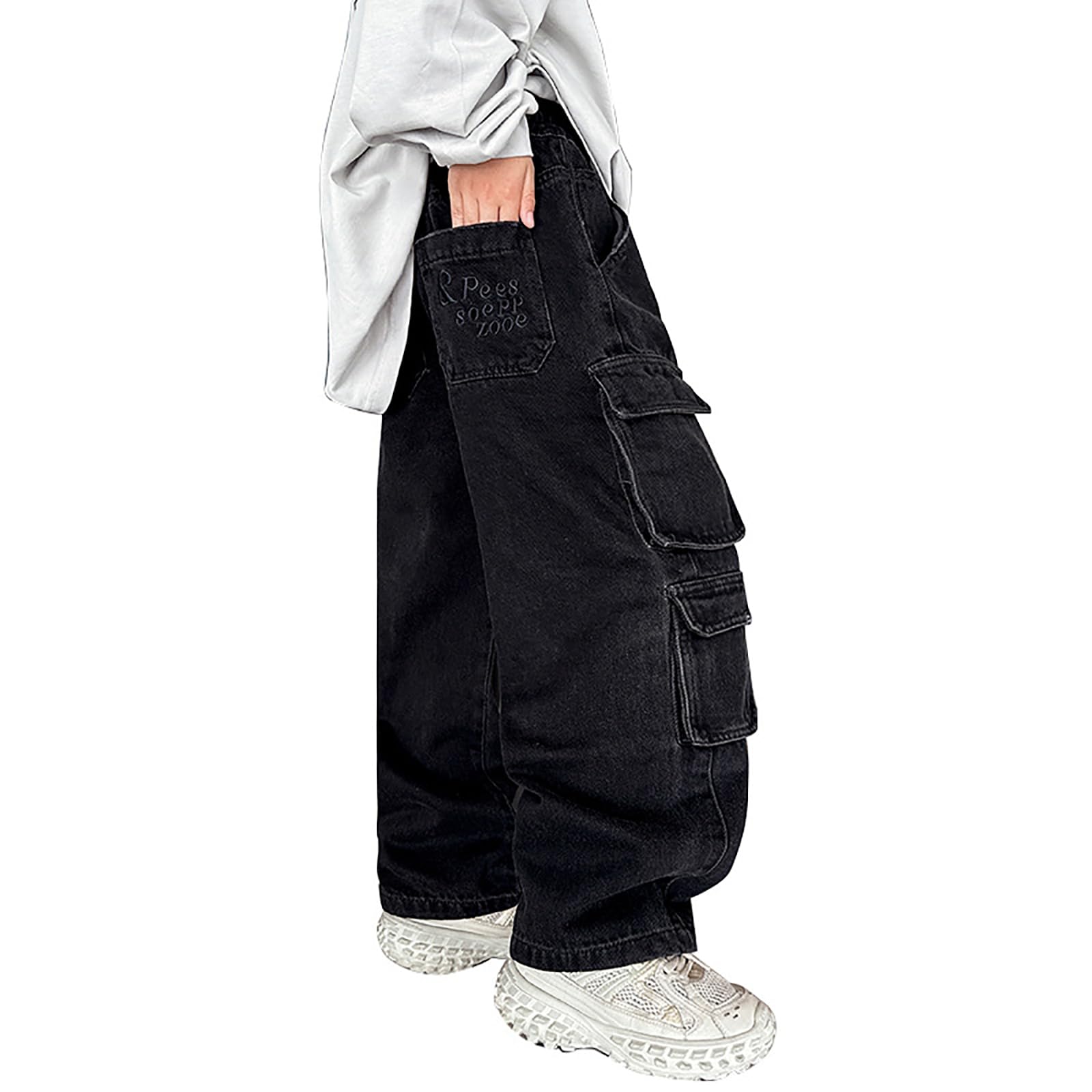 Pantalones Cargo Vaqueros Pierna Ancha para Niños Denim Lavado Desgastado con Bolsillos Grandes Pantalones Holgados Resistentes para Viajes Excursiones Familiares Multifuncional Tallas Completas