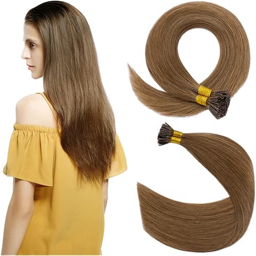 100 Strands/Pack Pre Bonded I Tip Remy Human Hair Extensions Cold Fusion Hair Piece Keratin Stick In Hair Extensions Long Straight For Women 22 Inches #6 Light Brown 50g