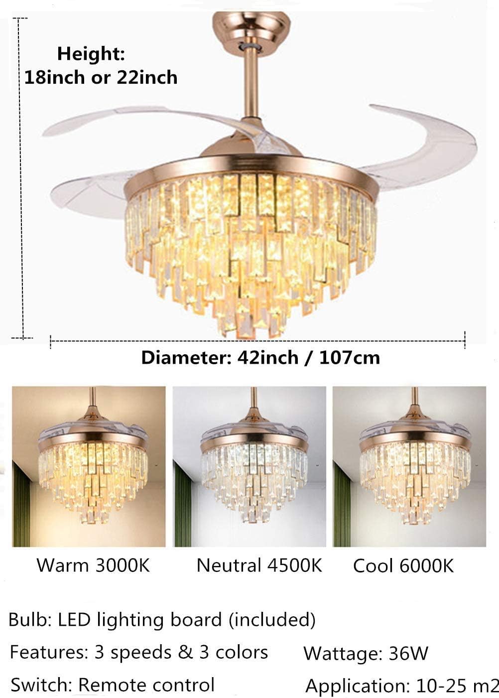 A Million 42" Crystal Ceiling Fan with Light Modern Luxury Chandelier Retractable Blades Remote 3 Speeds 3 Color Changes Silent Ceiling Fans Lighting Fixture, LED Kits Included