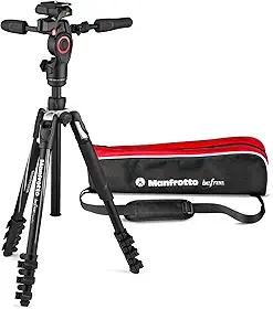 Manfrotto Kit de Tripé de Câmera Befree 3-Way Live Advanced, Tripé de Alumínio para Viagem, Trava de Alavanca com Cabeça Fluida 3-Way para Foto e Vídeo, Equipamento Vlogging com Bolsa de Transporte (MKBFRLA4BK-3WUS)