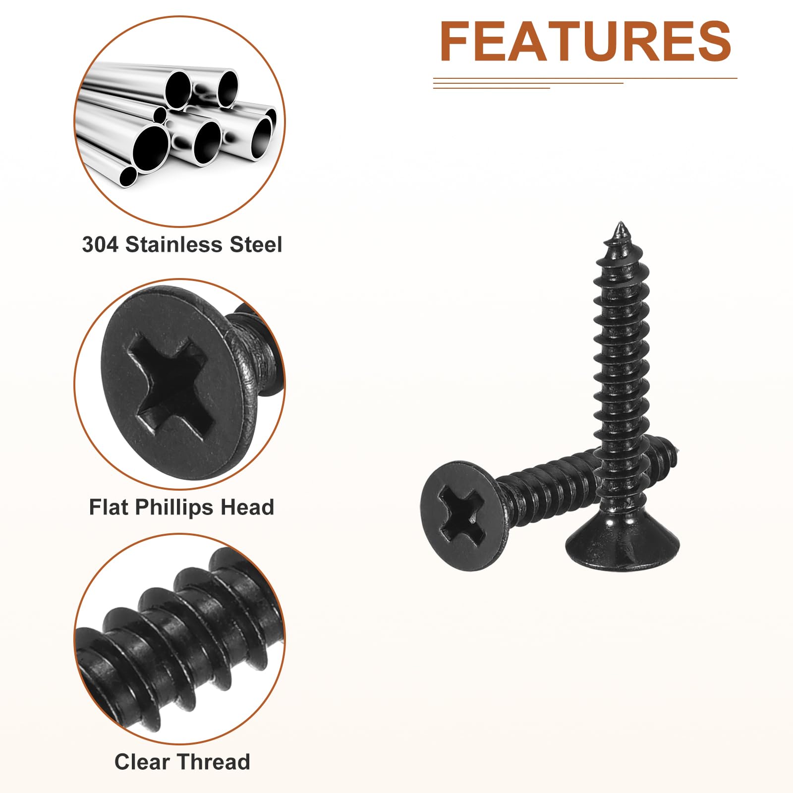 DTGN 100Pcs #6x7/8" Flat Head Wood Screws, 304 Stainless Steel Phillips Self Tapping Screws - Good for Woodworking Furniture - Black - Image 4