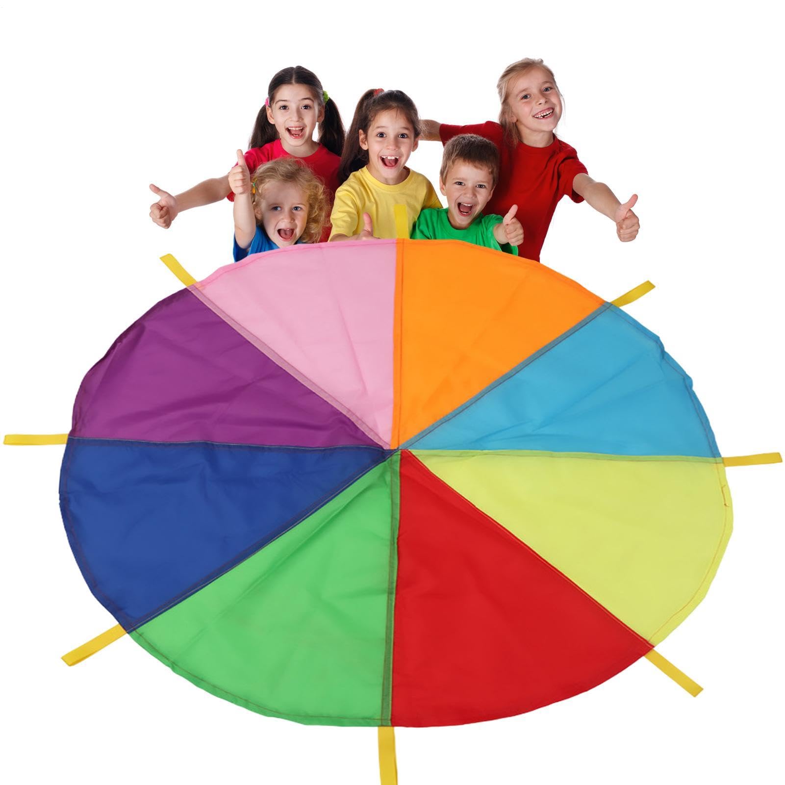 Paracadute Rainbow Gym - Paracadute all'aperto 5 m con manici sensoriali, giocattolo di attività di gruppo in nylon leggero, attrezzatura per esercizi, gioco di coordinamento della Po