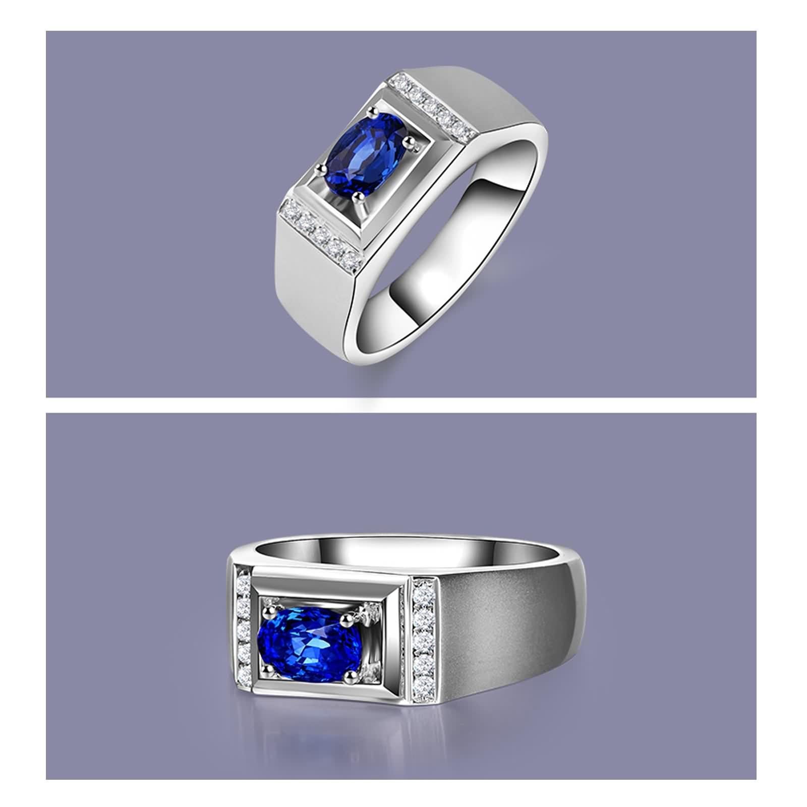 Sortija Piedras Azul, Alianzas Boda Oro Blanco 18K Forma Oval 0.1Ct Diamante Blanco Talla 25 para Esposo con Joyero