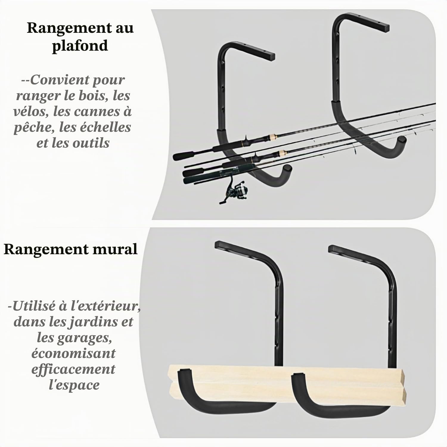 Étagère de rangement de garage suspendue, crochets de plafond robustes pour rangement utilitaire pour bois d'oeuvre, échelle, vélo et autres objets encombrants (6, 37 cm)