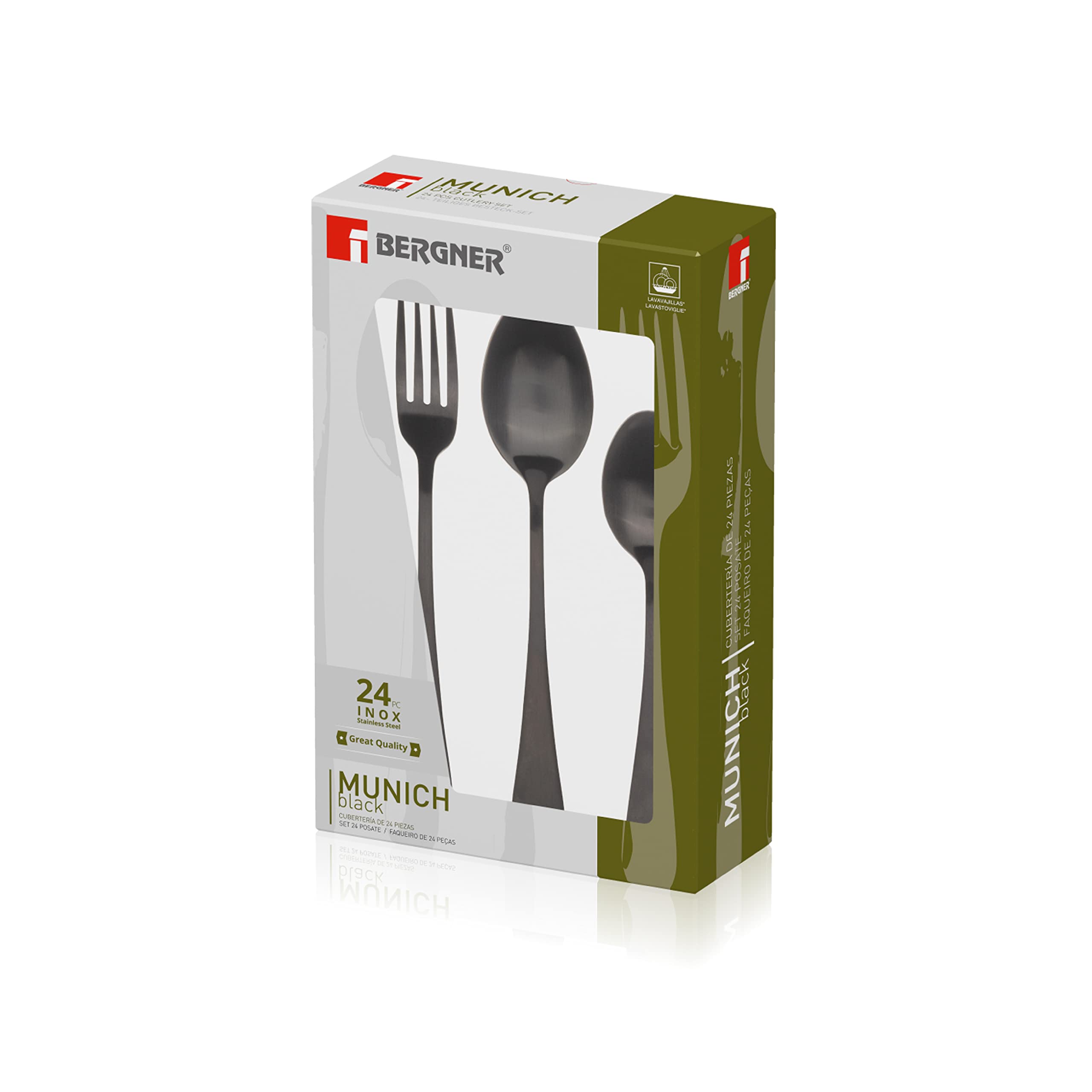 BERGNER Munich - Set de cubiertos de 24 piezas, 6 cuchillos, 6 tenedores, 6 cucharas y 6 cucharillas, Acero Inoxidable 18/10, diseño vanguardista y moderno, Apto lavavajillas, Negro Mate