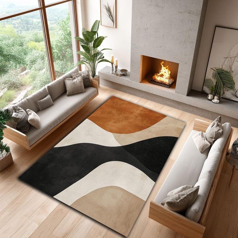 Tapis moderne abstrait lavable et antidérapant noir beige - 3