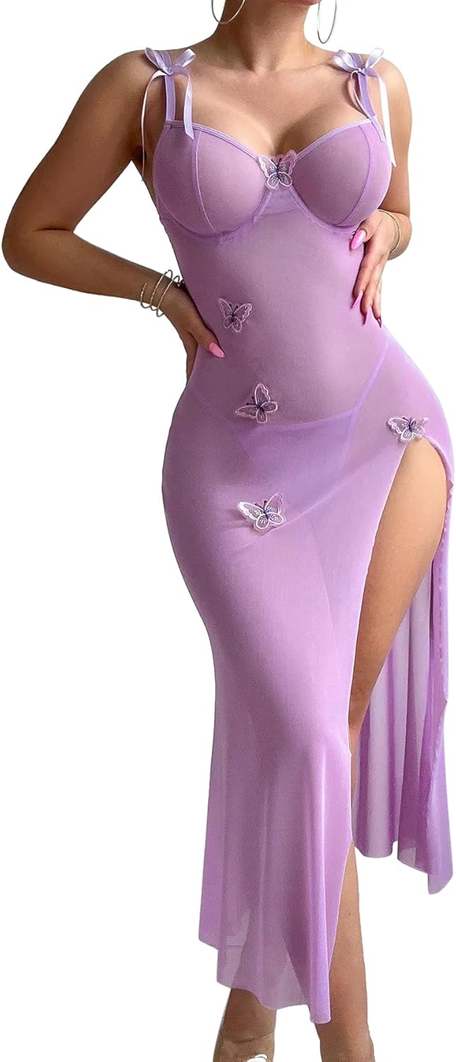 Foxiny Sexy Butterfly Split Leg Underwire Sheer Mesh Maxi Lingerie Dress with Thong 2 Piece Set