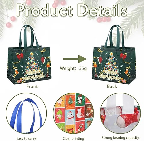 Miniatura 3 de 12 Pack Christmas Tote Bags with Handle, Large Christmas Gift Bag Reusable Non-Woven Grocery Shopping Totes, Merry Christmas Words Santa Treat Bags