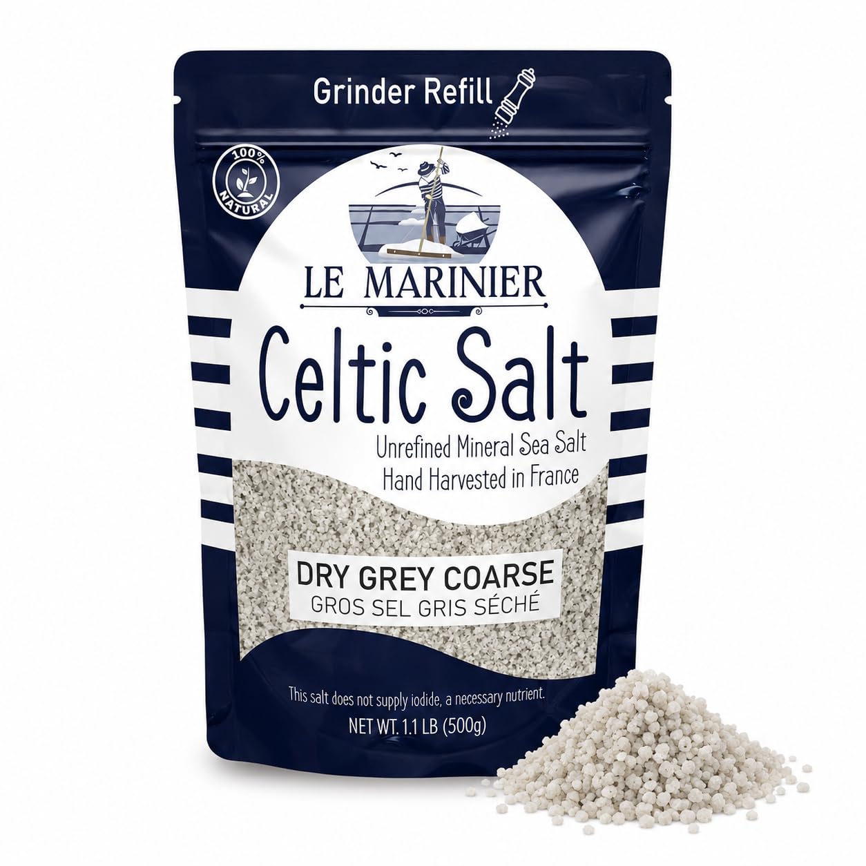 LE MARINIER Sel celtique - Sel de mer épais gris sec - 0,5 kg - 510,3 g + 82 minéraux - 100 % naturel - Sel de mer français non raffiné - Sel minéral celtique récolté à la main - Sel Gris, sel de mer