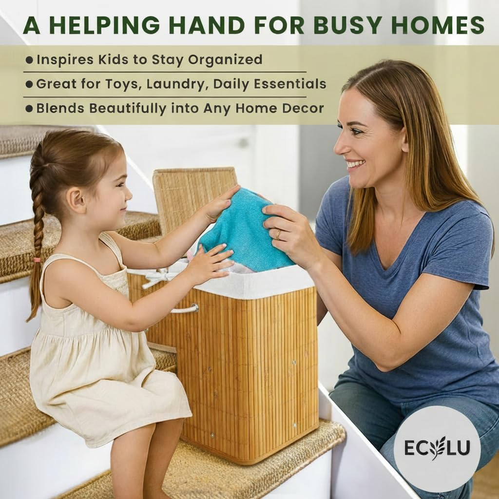 Ecolu Bamboo Stair Basket with Lid — Stair Baskets for Wooden & Carpeted Stairs — Foldable Stair Storage Basket with Cotton Handles, Washable Liner & 6 Stability Clips for Laundry, Toys, Books
