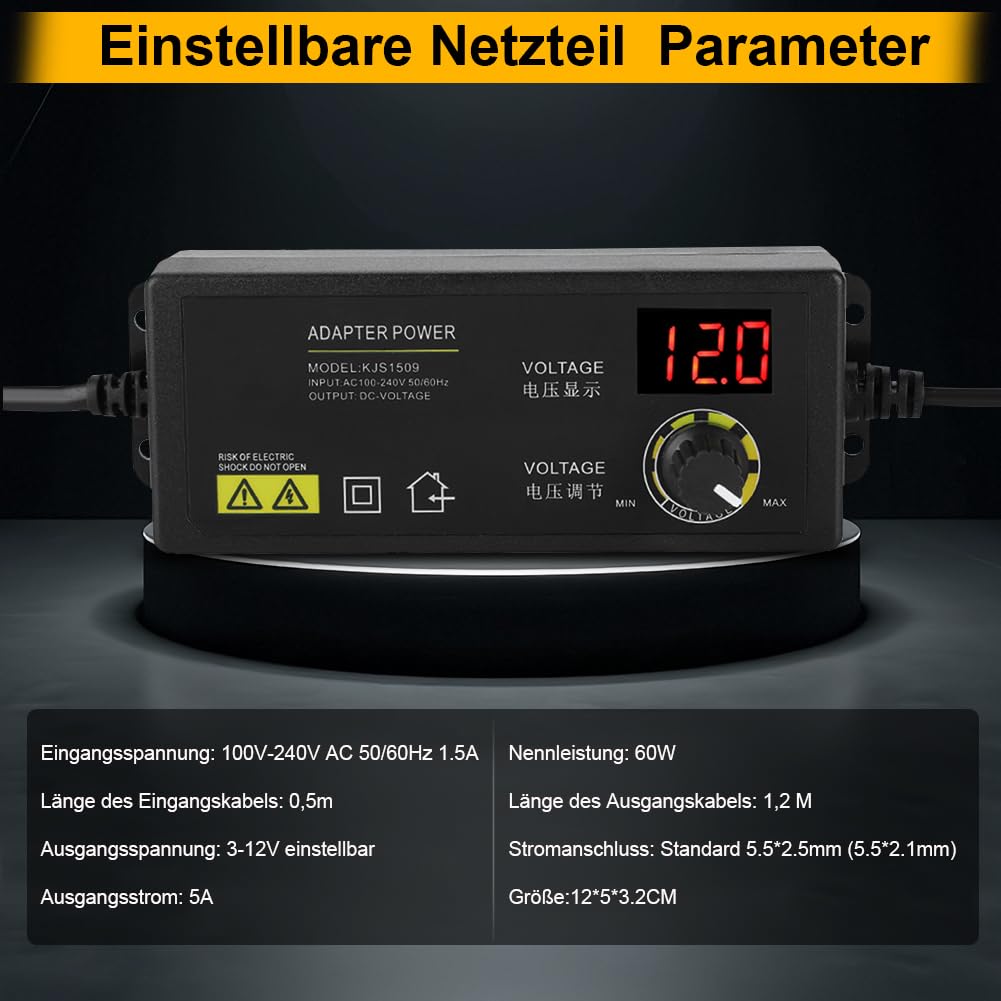 Alimentation Réglable 3-12V 5A, Transformateur Variable Transfo Variateur 12V Alimentation Laboratoire avec Contrôle de Tension Adaptateur Secteur Réglable avec Bouton Rotatif Affichage LED