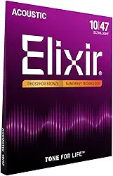Elixir Cordas, cordas de guitarra acústica, bronze fósforo com revestimento NANOWEB, tom rico e completo de longa duração com sensação confortável, conjunto de 6 cordas, extra leve 10-47